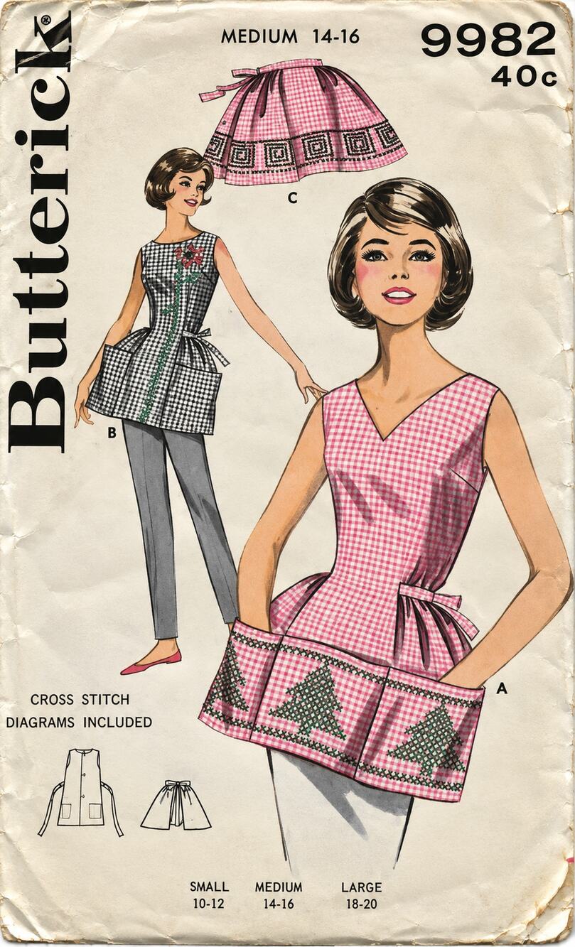 Vintage Butterick Pattern 9982 Large Sz 14-16 Cobbler & Half Apron Cross Stitch